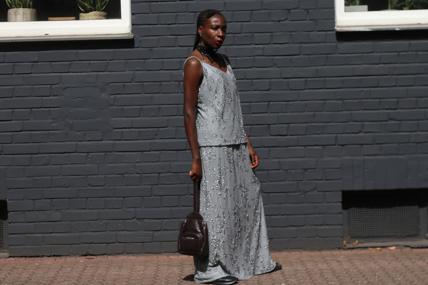 Vintage Silver Sequin Layered Dress - 90s Huey Waltzer En Francais Maxi