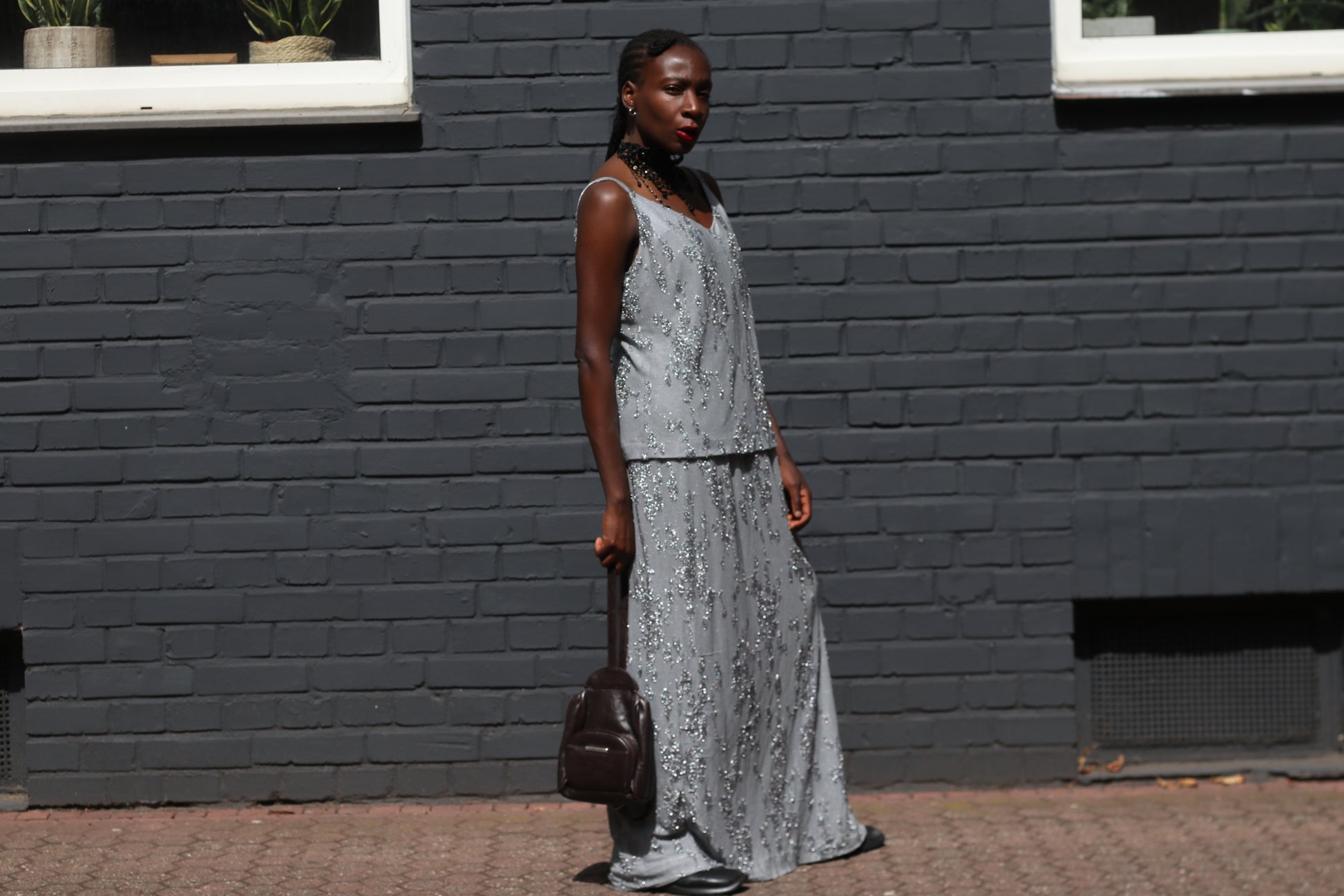 Vintage Silver Sequin Layered Dress - 90s Huey Waltzer En Francais Maxi