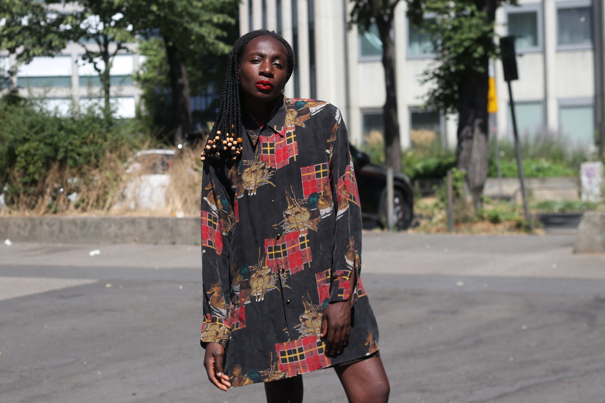 Vintage 90s Duck Pattern Shirt - Retro Plaid Button Up Blouse - L