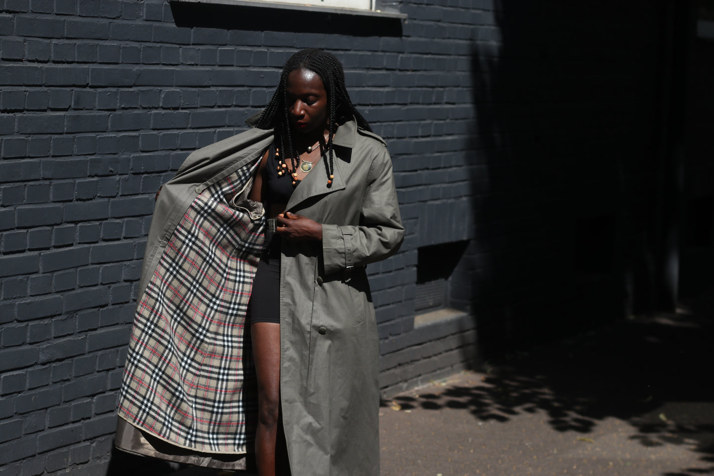 Vintage Trench Coat 80s Olive Green Khaki Plaid Lined Long Rain Mac Jacket Large