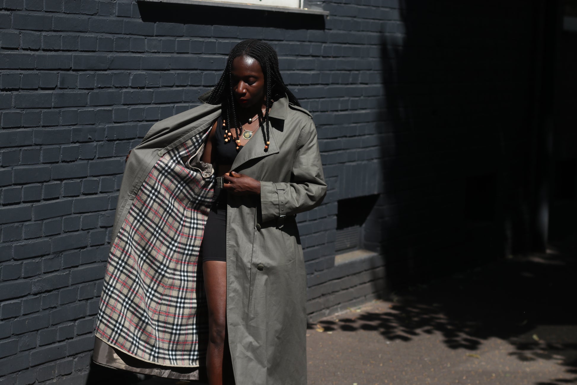 Vintage Trench Coat 80s Olive Green Khaki Plaid Lined Long Rain Mac Jacket Large