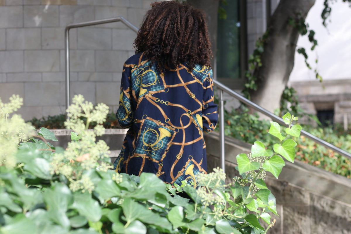 90s equestrian print button down shirt, resort style navy blue blouse, size M