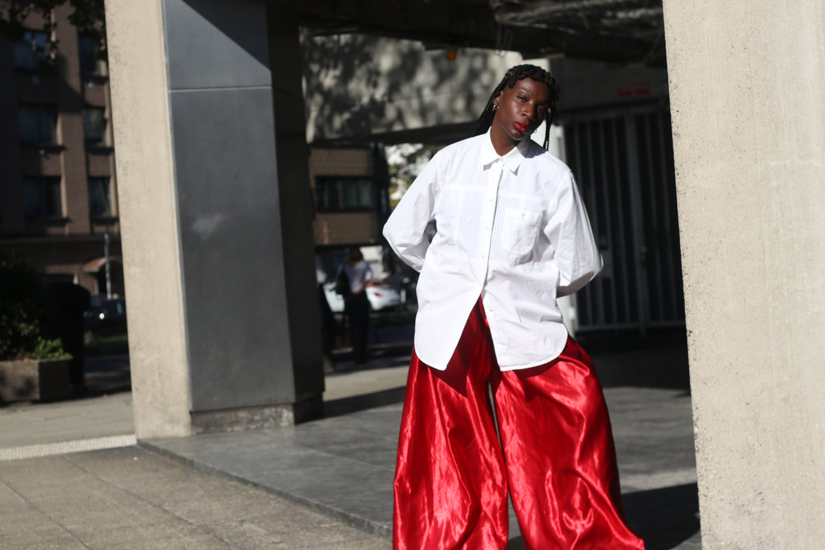 White Cotton Shirt | Vintage Pleated Tuxedo Blouse | Oversized M/L