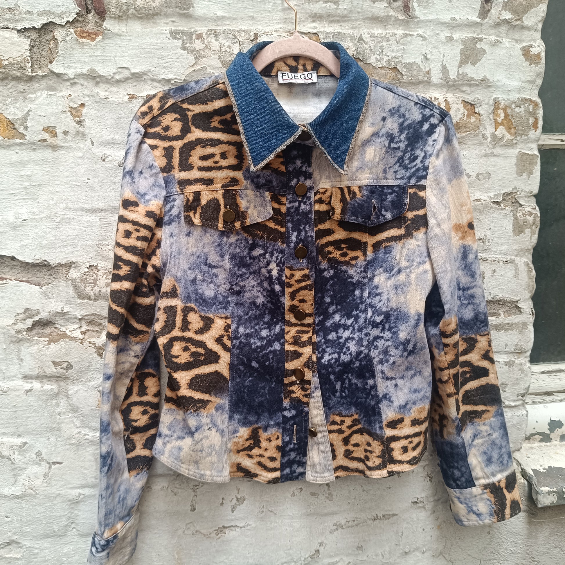 Vintage Leopard Denim Jacket | 90s Animal Print Trucker | Blue M