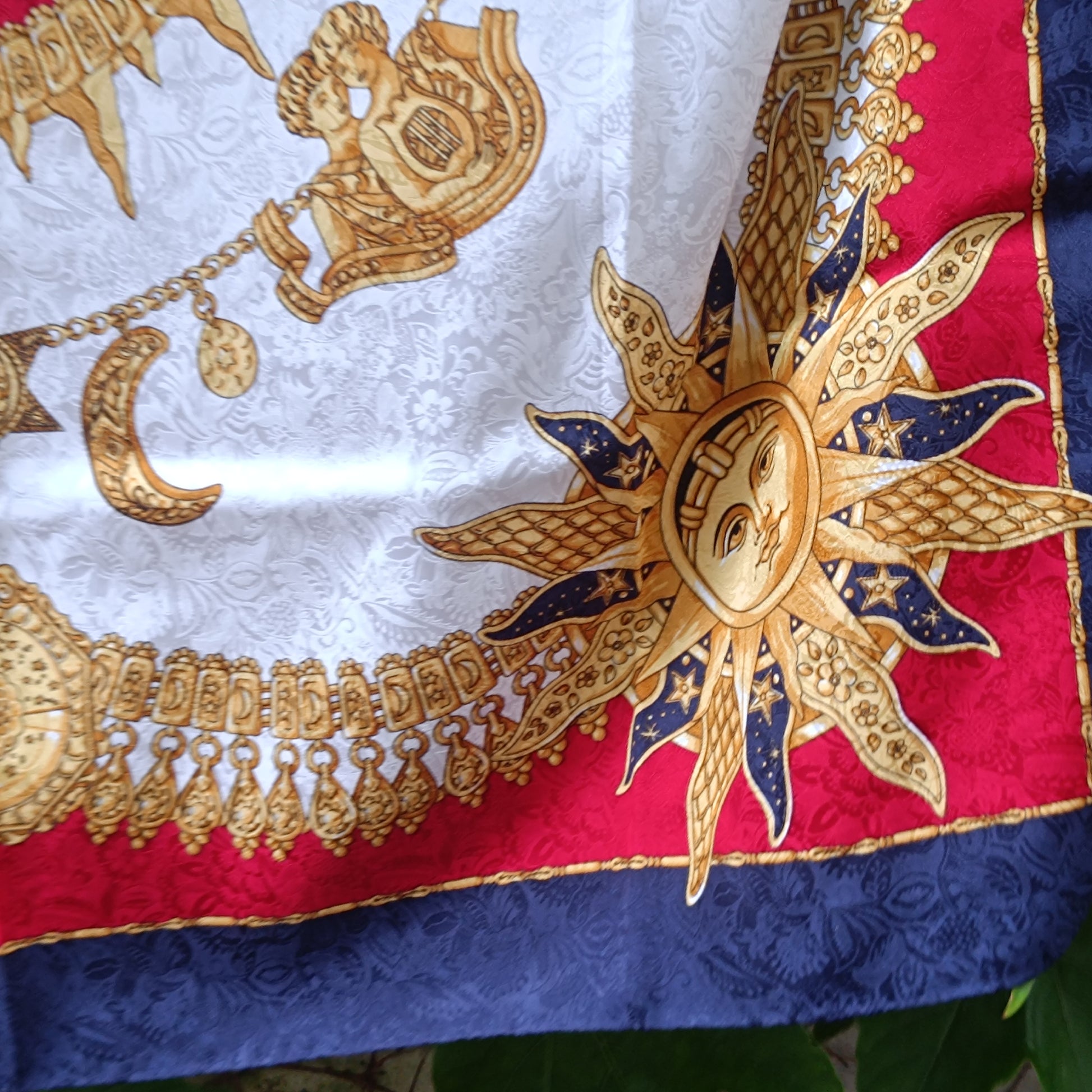 Vintage Sun Moon Silk Scarf Celestial Astrology Zodiac Natur Pur Blue Gold Retro