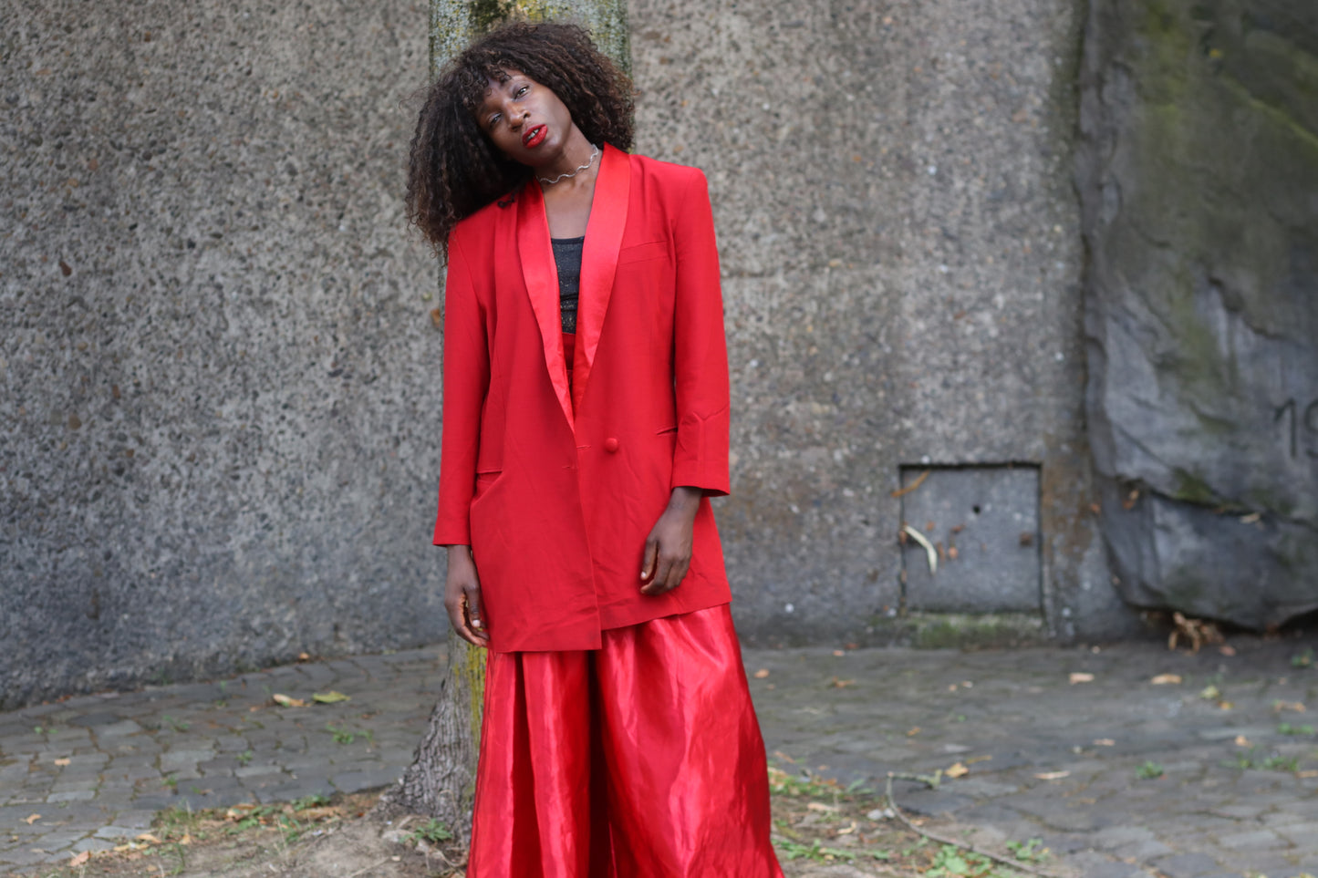 Vintage Red Tuxedo Blazer | 80s Satin Shawl Collar Evening Coat | M