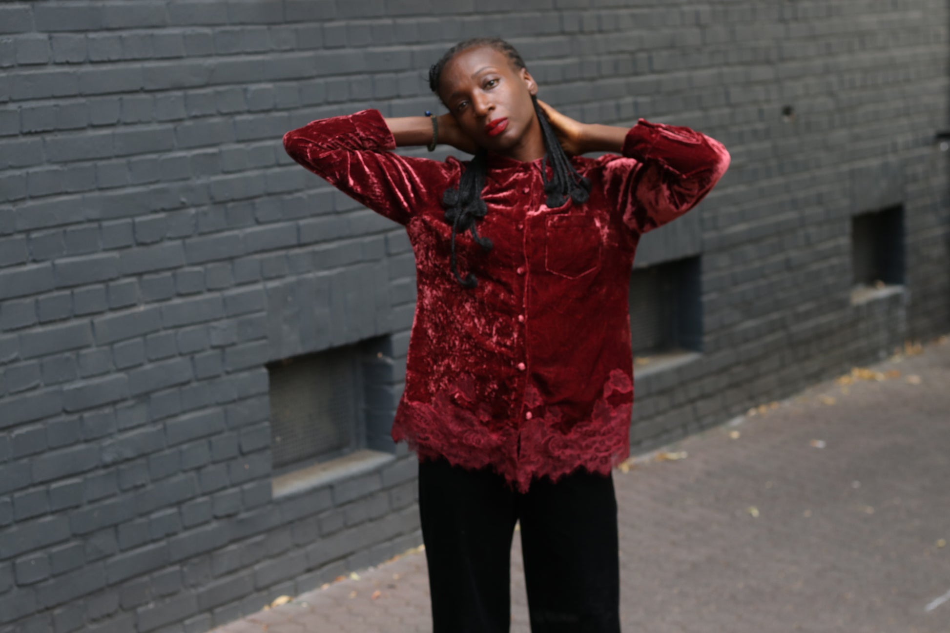  Vintage Gothic Red Velvet Top  | 90s Lace Hem Button Up S