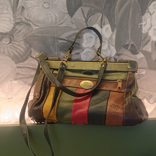 Patchwork Leather Bag - Vintage 70s Multicolor Doctor Frame Handbag