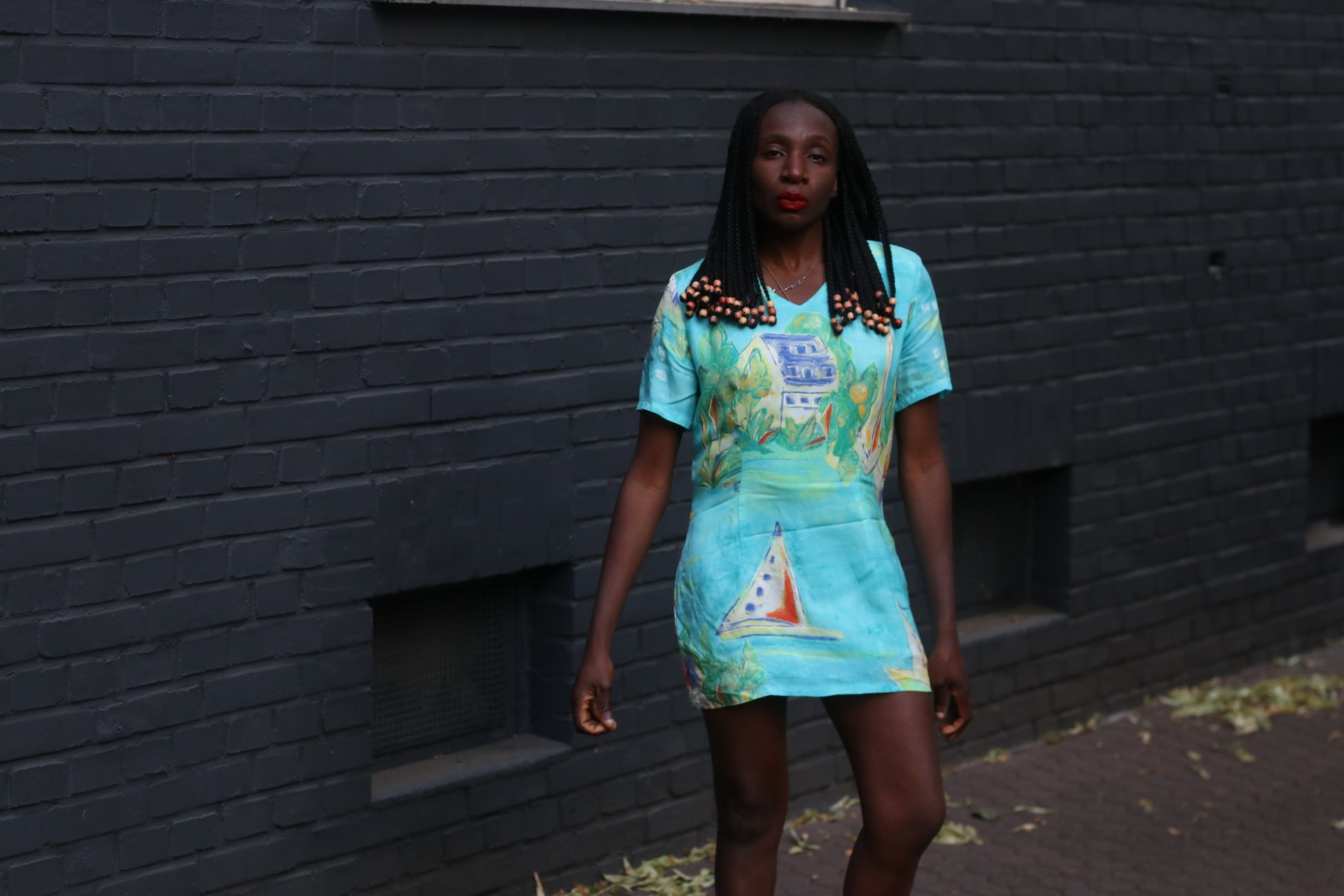 Mary Gualtieri Vintage 90s Crepe Shift Dress Turquoise Nautical Sailboat Theme