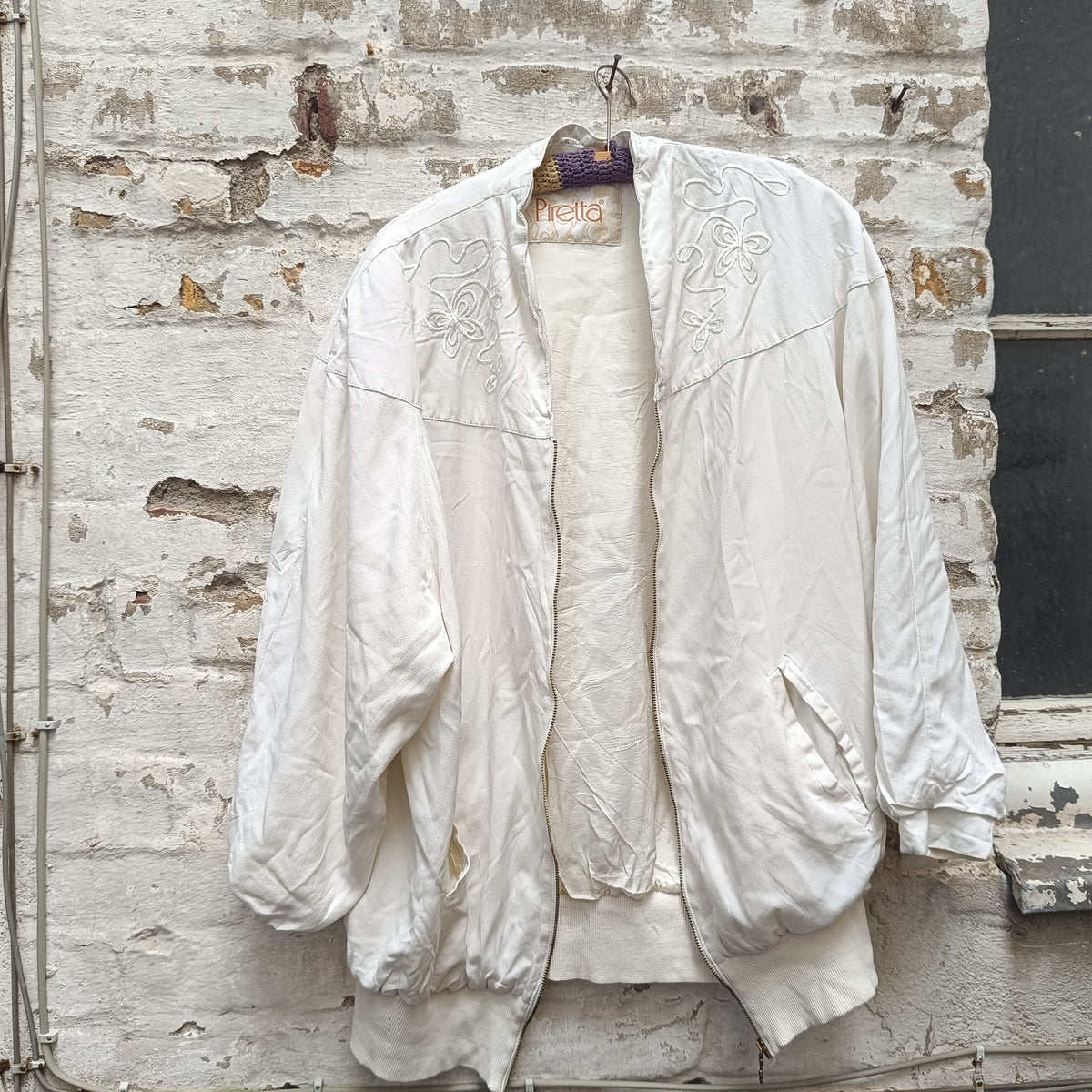 Vintage 80s Piretta White Embroidered Bomber Jacket | Oversized Zip Up M