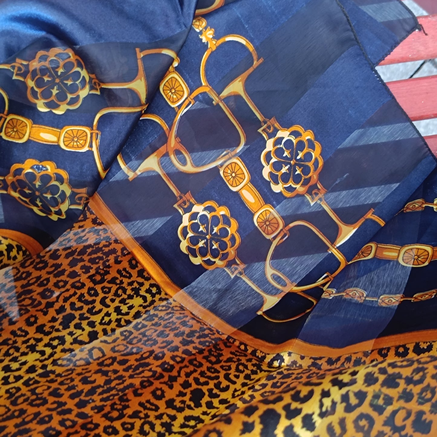 Vintage 80s Equestrian Leopard Scarf Navy Gold Chain Horse Bit Satin Foulard