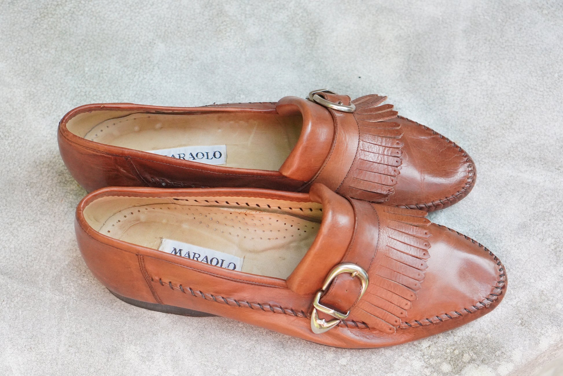 Maraolo Vintage Italian Leather Loafers - Brown Kiltie Fringed Buckle Shoes