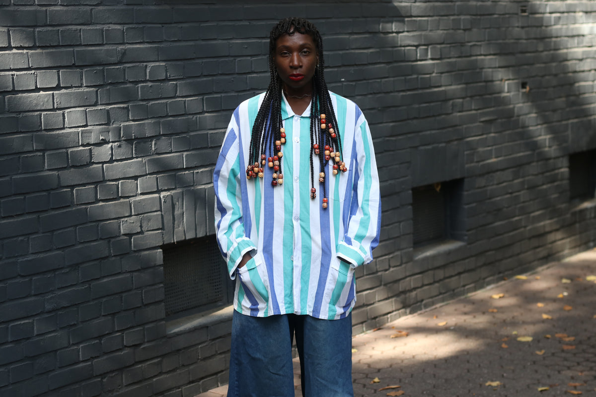 Striped Cotton Shirt Jacket - 80s Vintage Oversized Overshirt | L