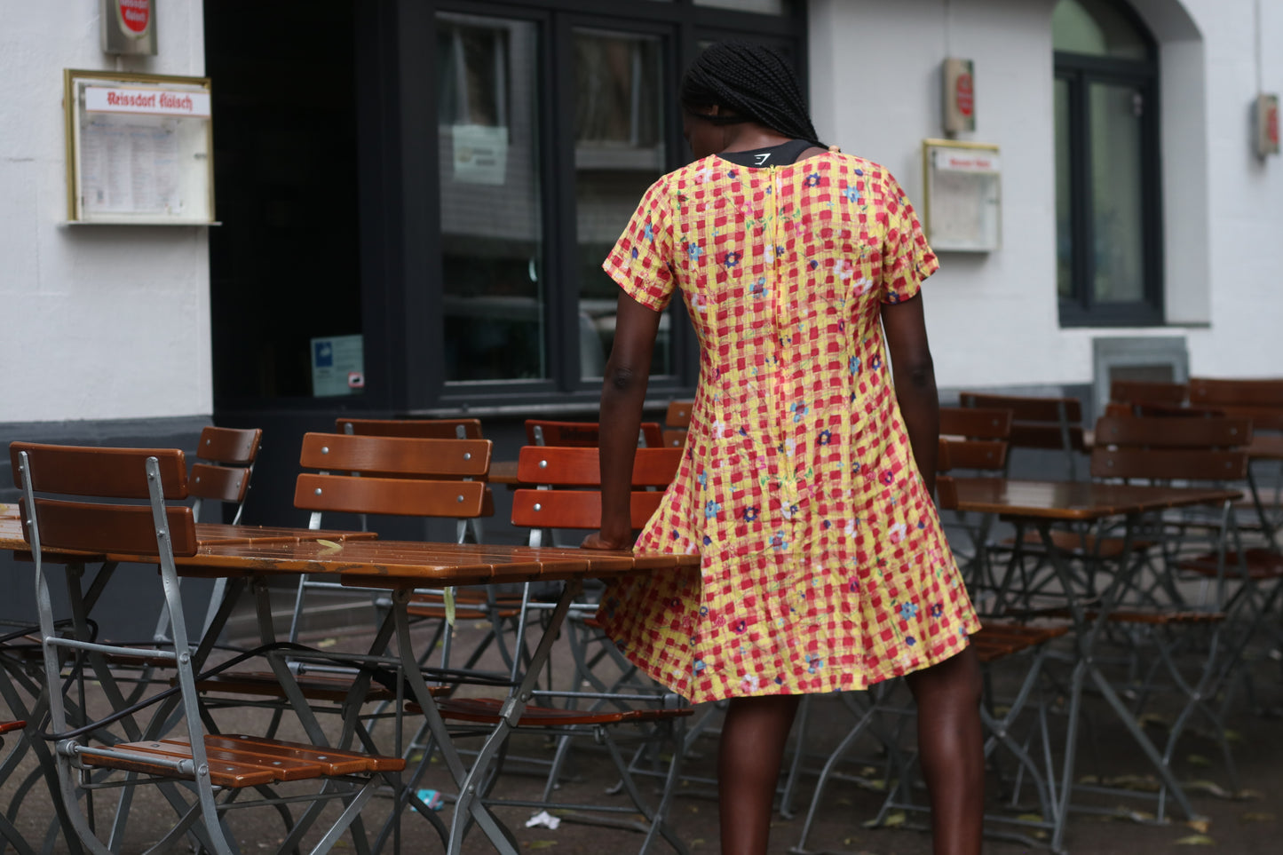 Vintage 1990s Gingham Dress Floral Plaid Mini Dress Yellow Red Smock Grunge Medium