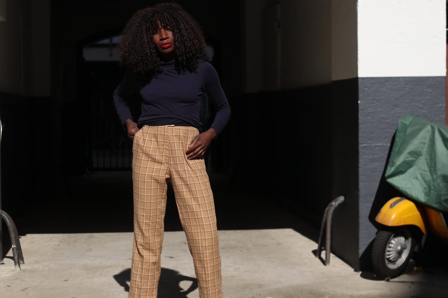 Plaid Trousers Vintage 70s Beige High Waisted Pants | Fits XS to S