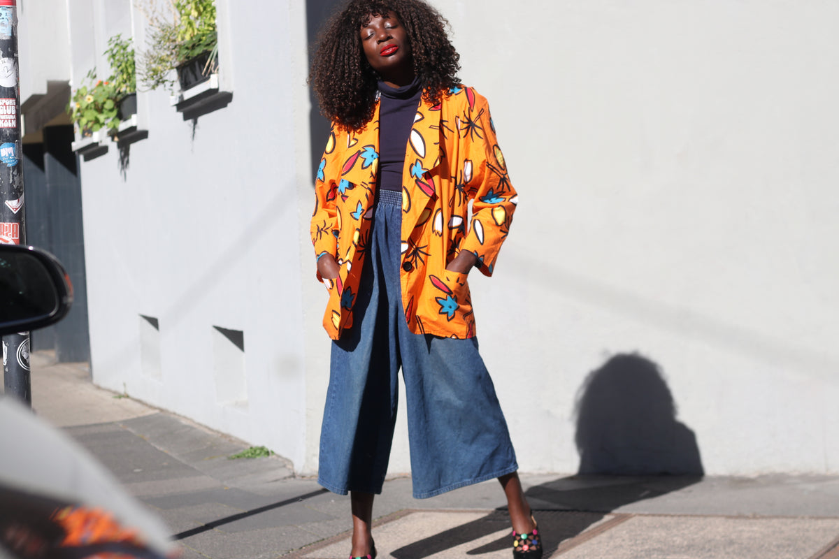 Vintage 80s Abstract Print Blazer | Orange Cotton Art Jacket M/L