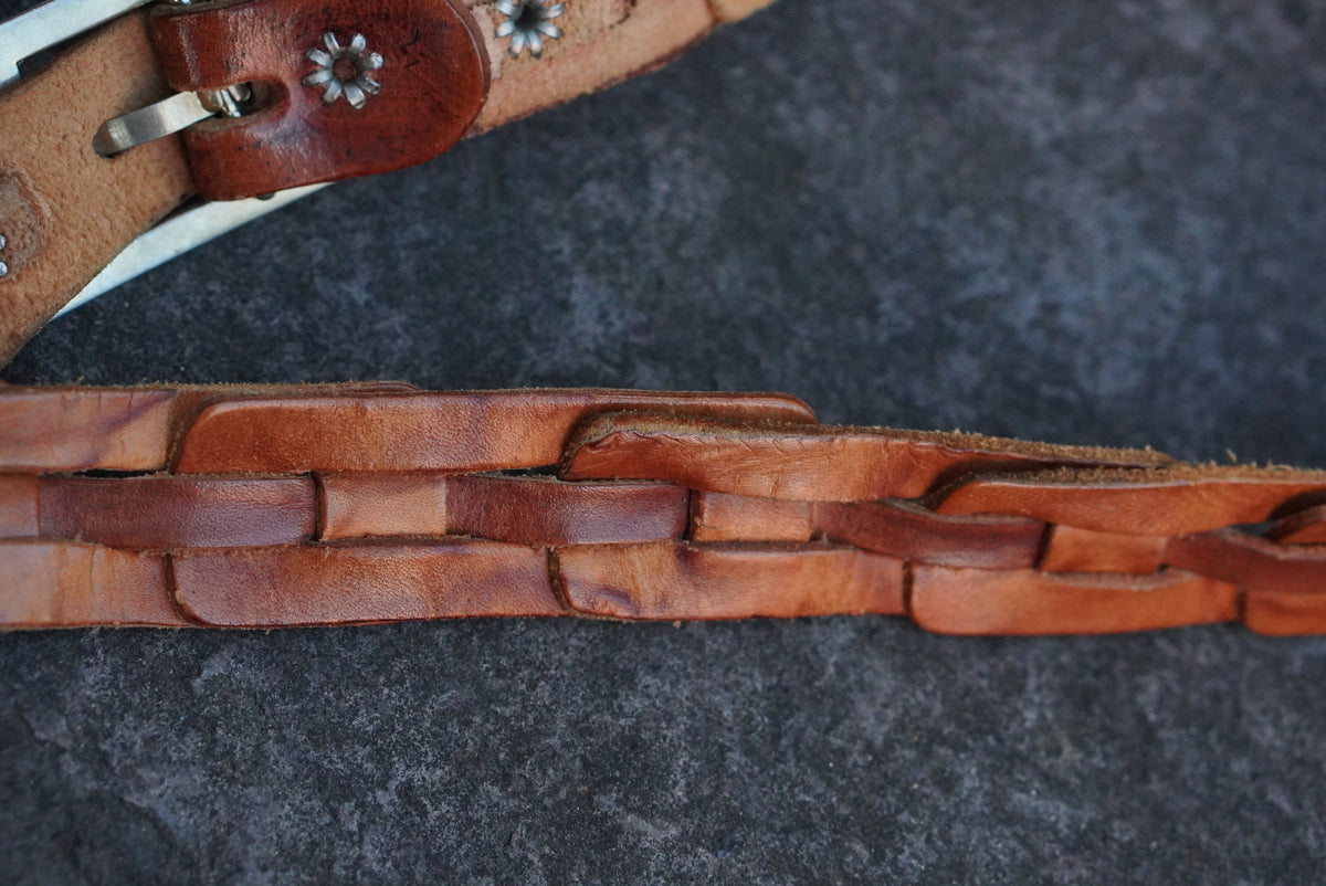 Woven Leather Belt | Vintage 70s Tan Brown | Silver Buckle S/M
