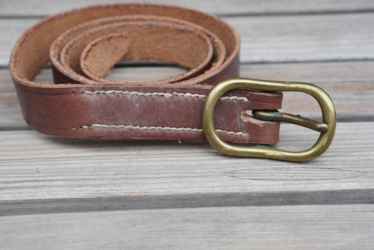 Vintage Leather Belt 80s 90s Brown Brass Buckle | Fits S/M