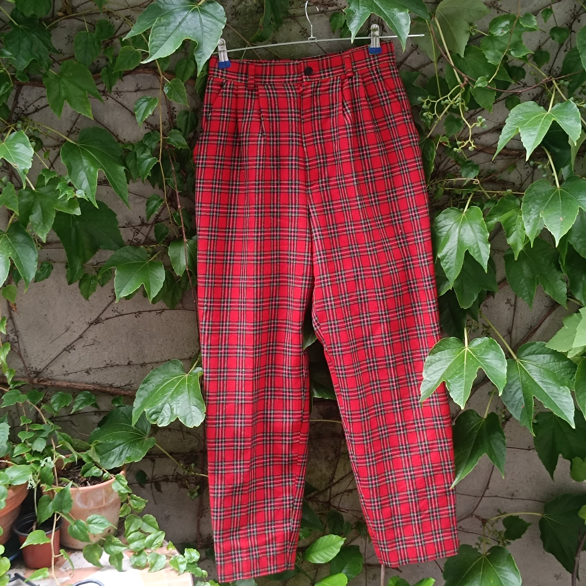 Vintage Red Plaid Trousers | 80s High Waist Tartan Wool Pants | Fits M
