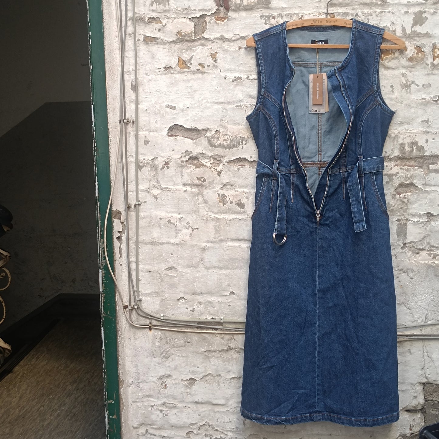 Zign Studio Organic Denim Midi Dress - Sleeveless Belted Jean Dress Blue S