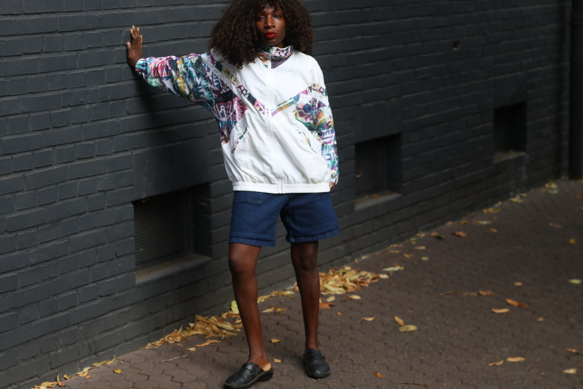80s Vintage Track Jacket - Abstract Pattern White Windbreaker | M/L