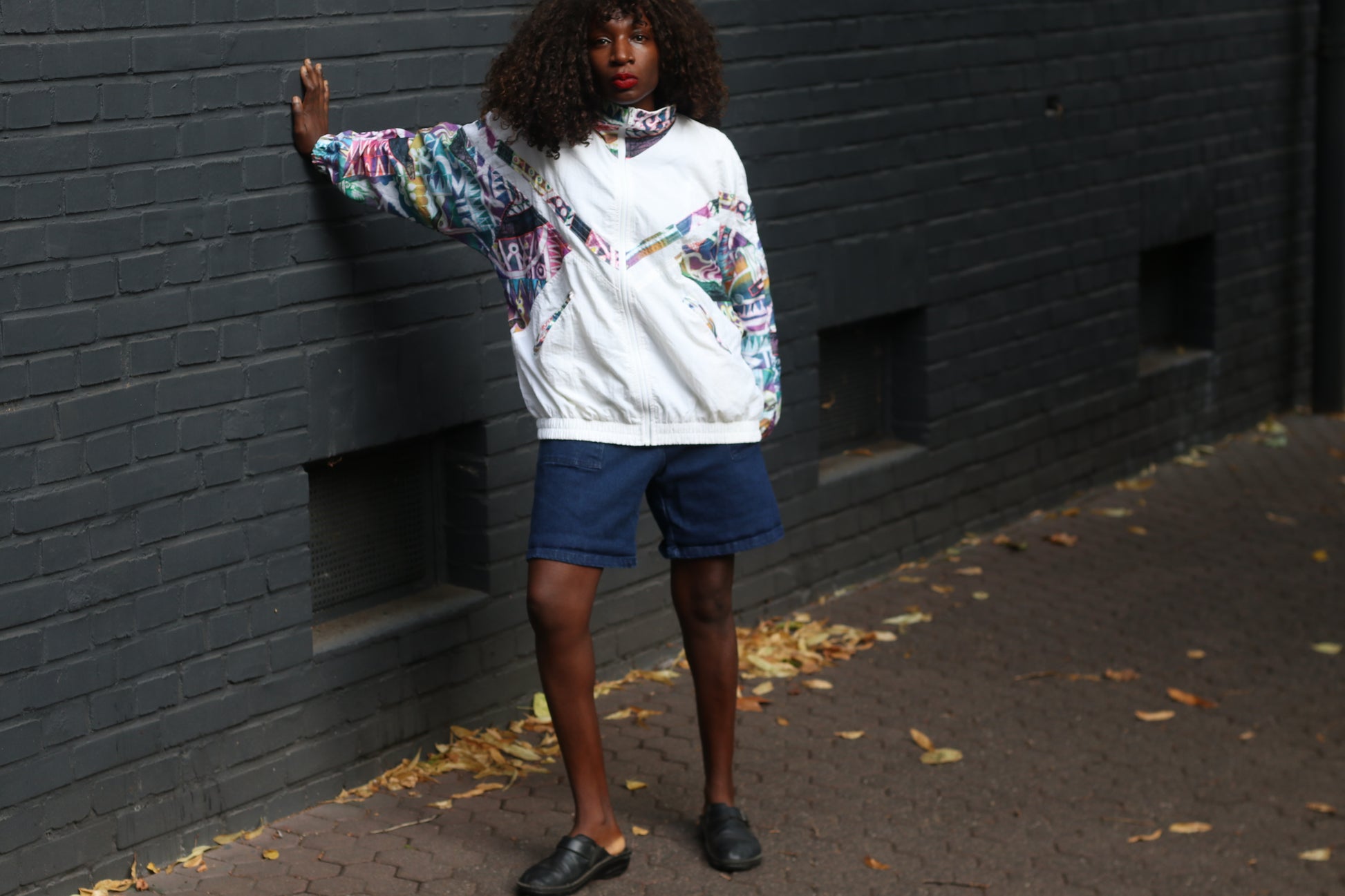 80s Vintage Track Jacket - Abstract Pattern White Windbreaker | M/L