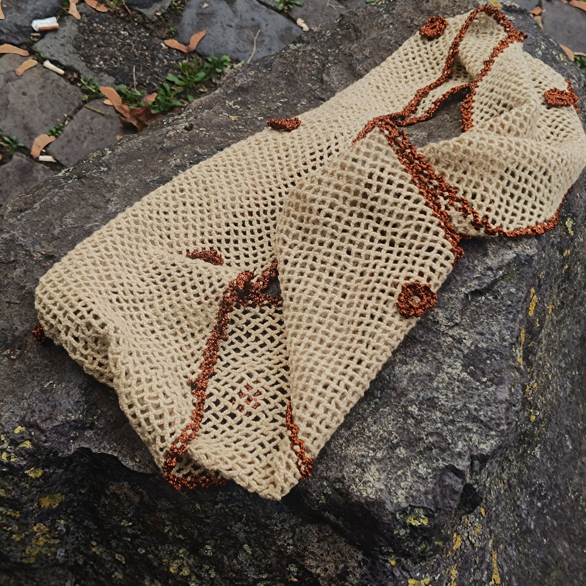 Crochet Mesh Scarf | Vintage 90s Beige Metallic Trim | One Size