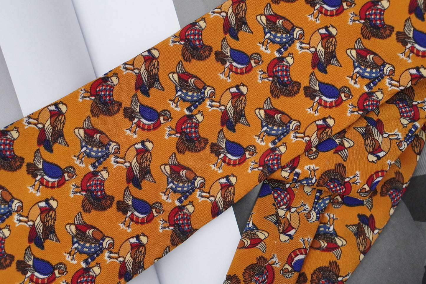 Vintage Mustard Yellow Silk Tie Italian Novelty Bird Print 1990s Mens Necktie