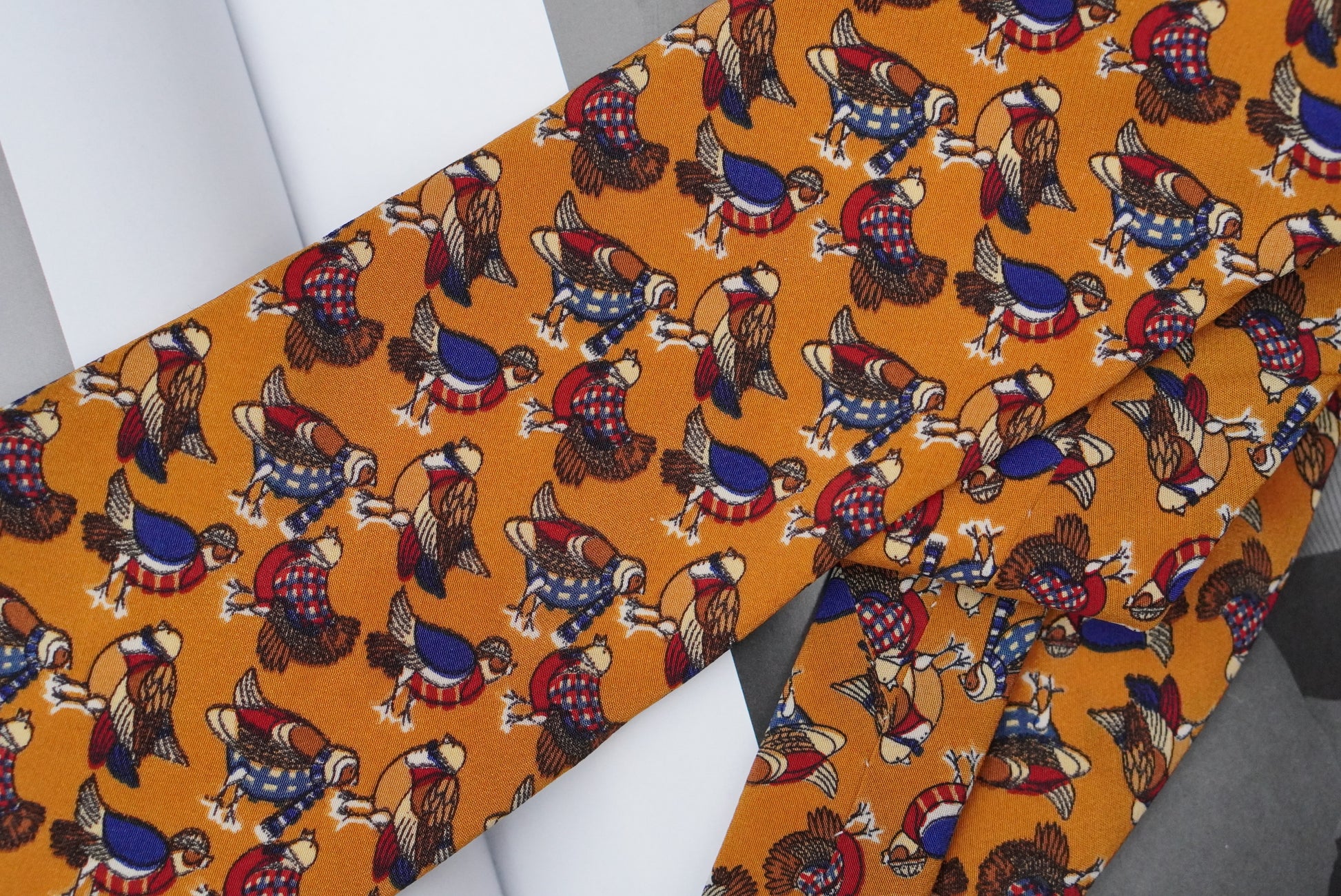 Vintage Mustard Yellow Silk Tie Italian Novelty Bird Print 1990s Mens Necktie