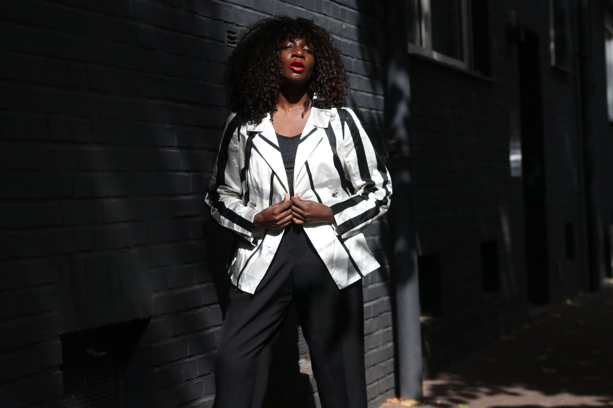 Vintage Striped Blazer | 90s Black White Geometric Jacket | Vera Mont S