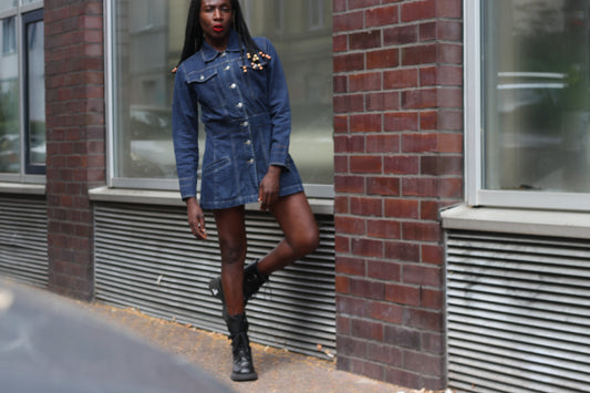 Vintage 1990s Denim Mini Dress Jacket Blue Jean Utility Western Button Up Dress