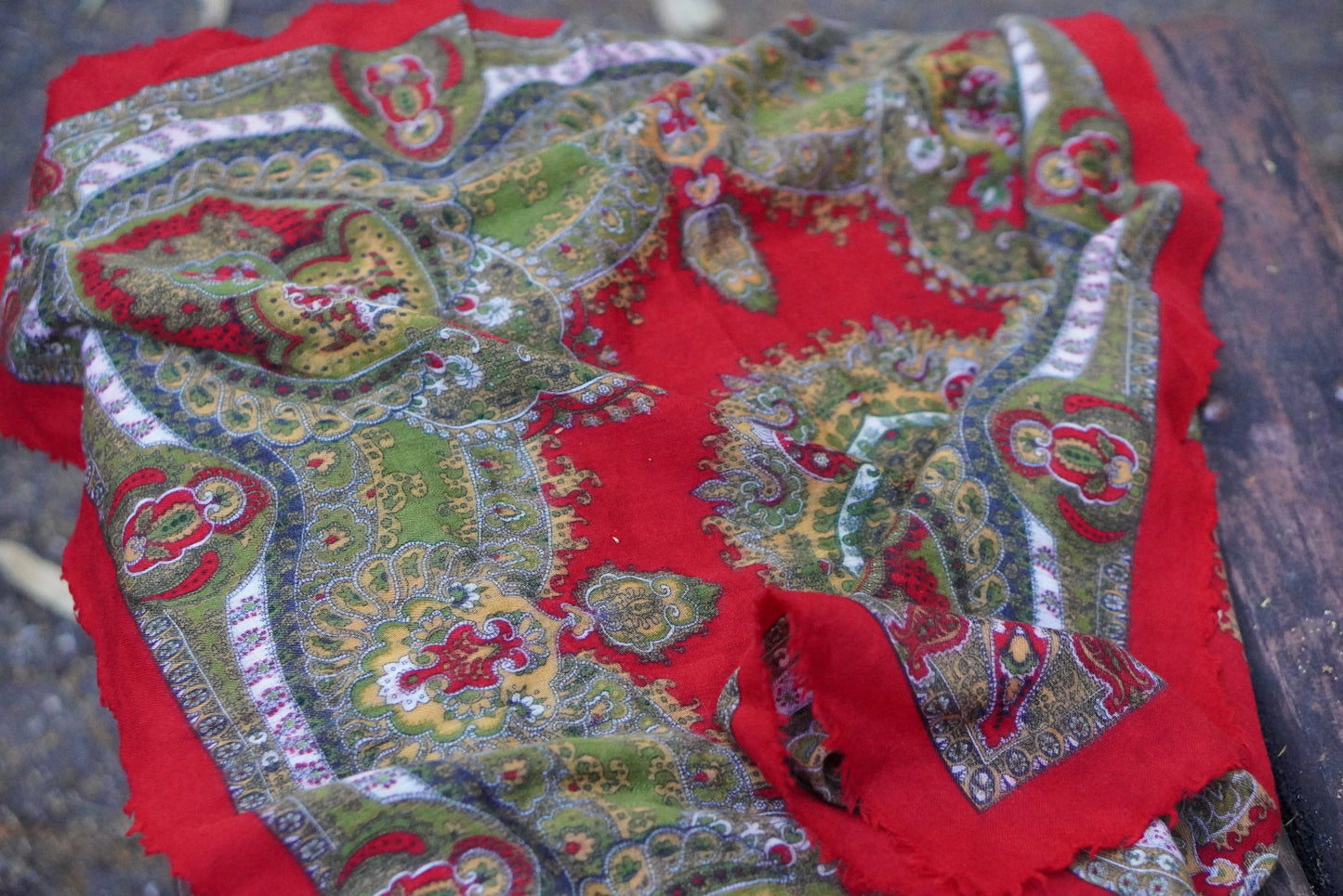 Vintage 1970s Paisley Wool Scarf Red Green Folk Medallion Fringed Shawl Babushka