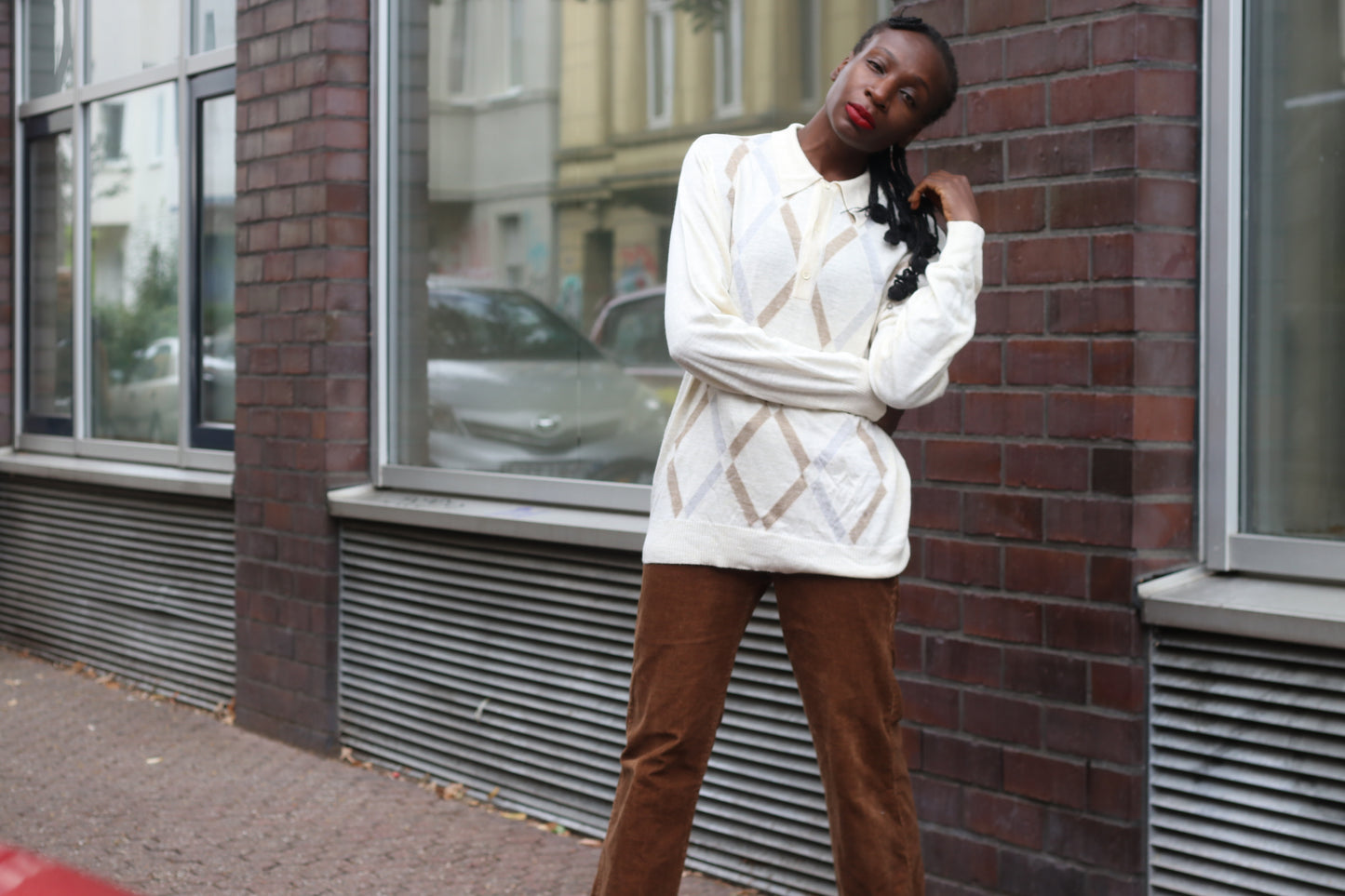 Argyle Sweater | Vintage 70s Guy de Bérac Cream Knit Polo | M/L