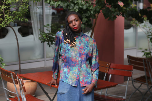 Gisela Wagner Vintage 1980s Silk Blouse Colorful Abstract Print Top Retro Size M