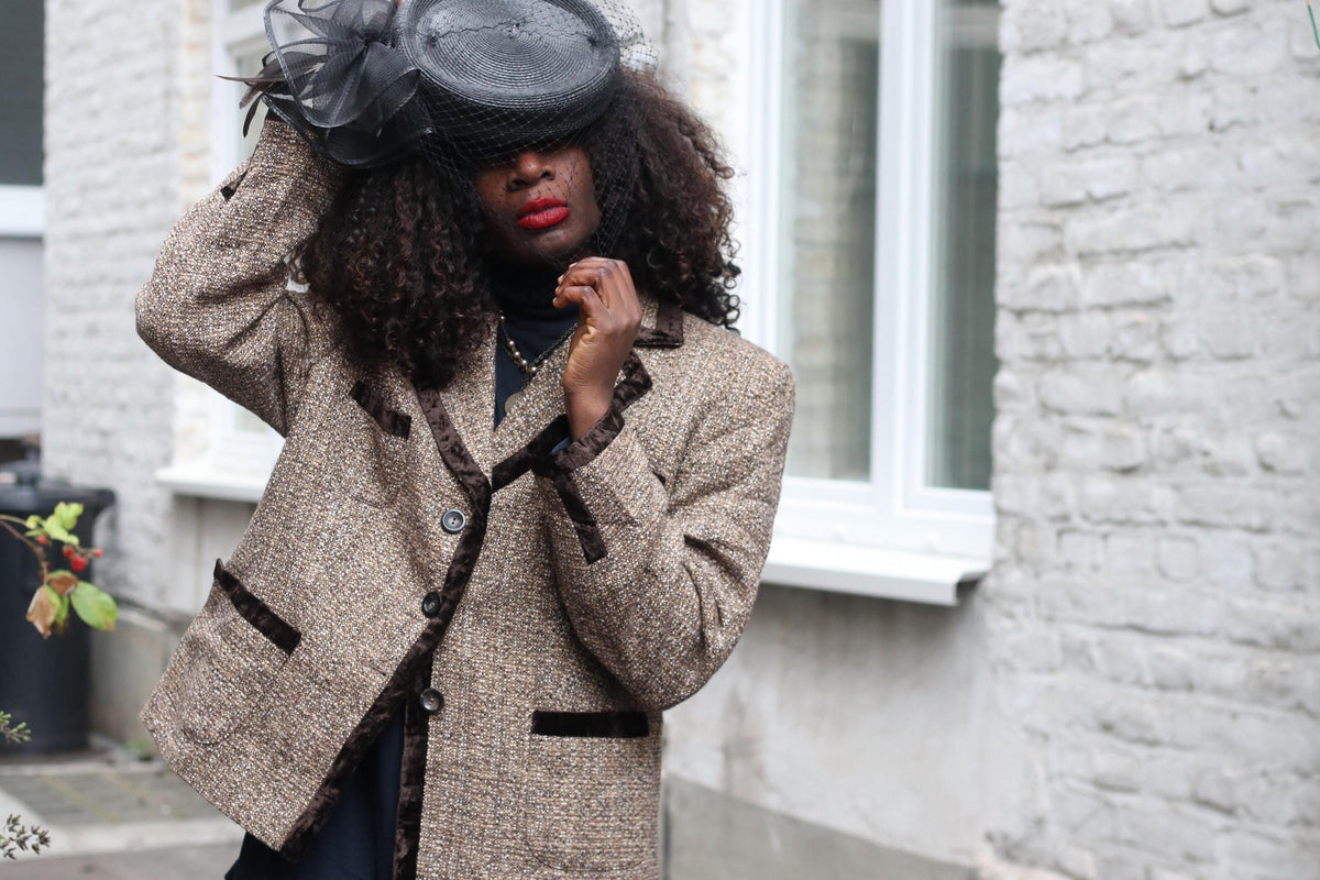 JOBIS Vintage Tweed Blazer| Brown Wool Blend Velvet Trim Jacket| Dark Academia Sz 12