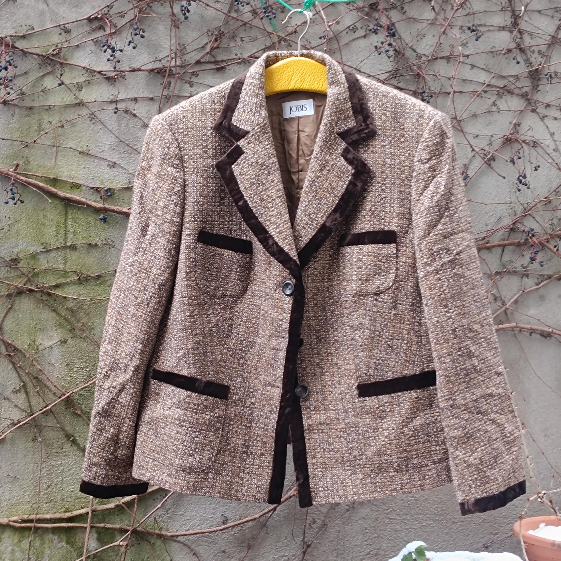 JOBIS Vintage Tweed Blazer| Brown Wool Blend Velvet Trim Jacket| Dark Academia Sz 12