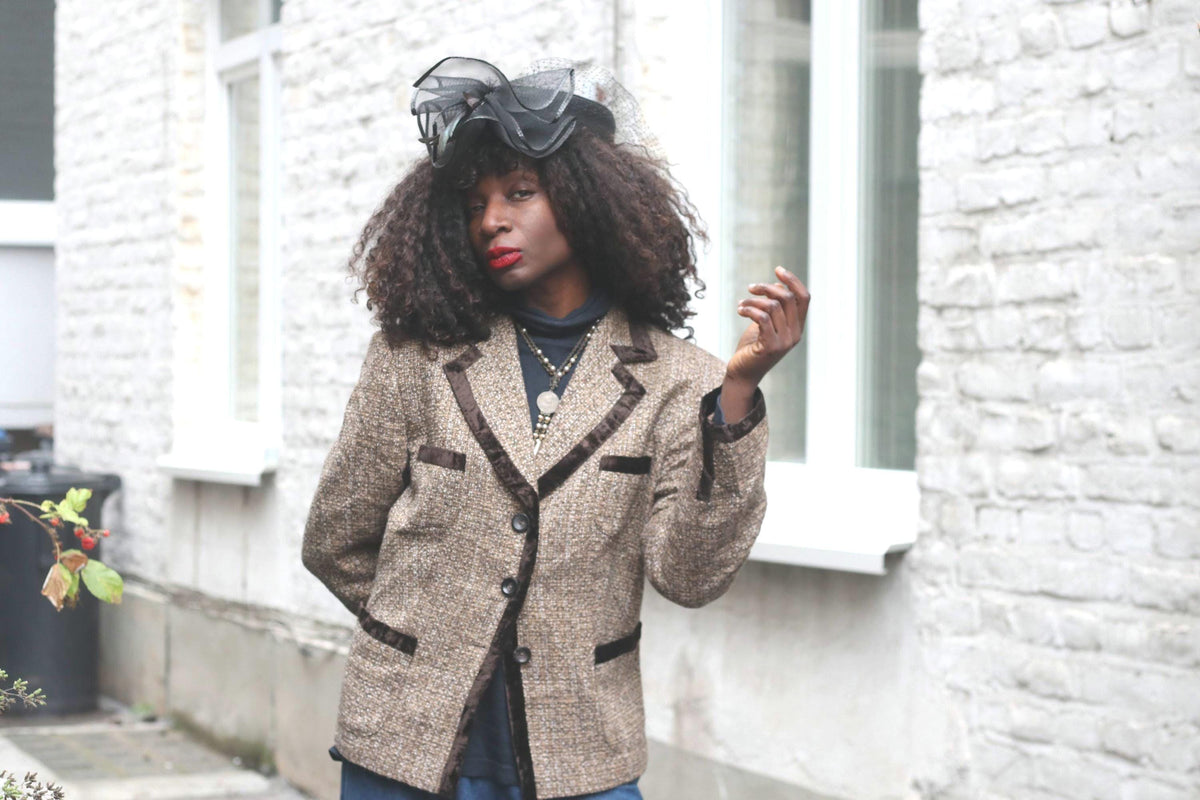 JOBIS Vintage Tweed Blazer| Brown Wool Blend Velvet Trim Jacket| Dark Academia Sz 12