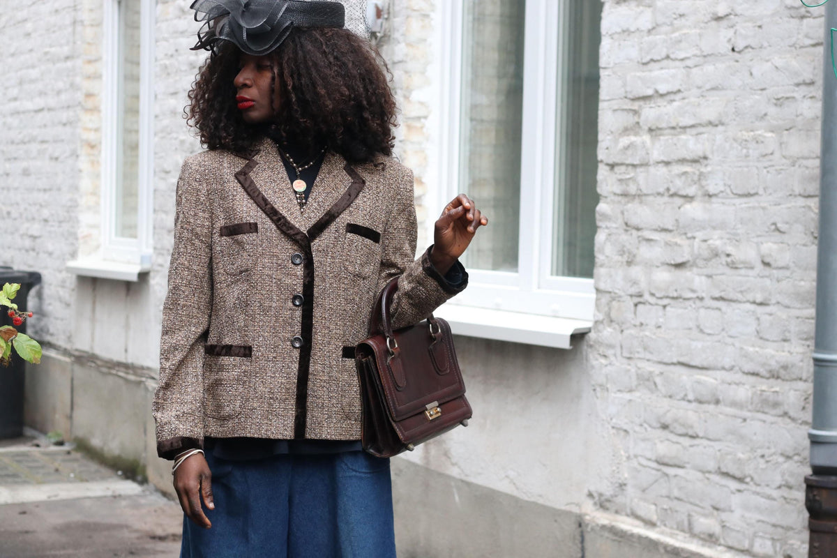 JOBIS Vintage Tweed Blazer| Brown Wool Blend Velvet Trim Jacket| Dark Academia Sz 12