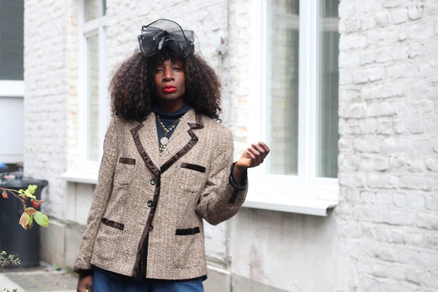 JOBIS Vintage Tweed Blazer| Brown Wool Blend Velvet Trim Jacket| Dark Academia Sz 12