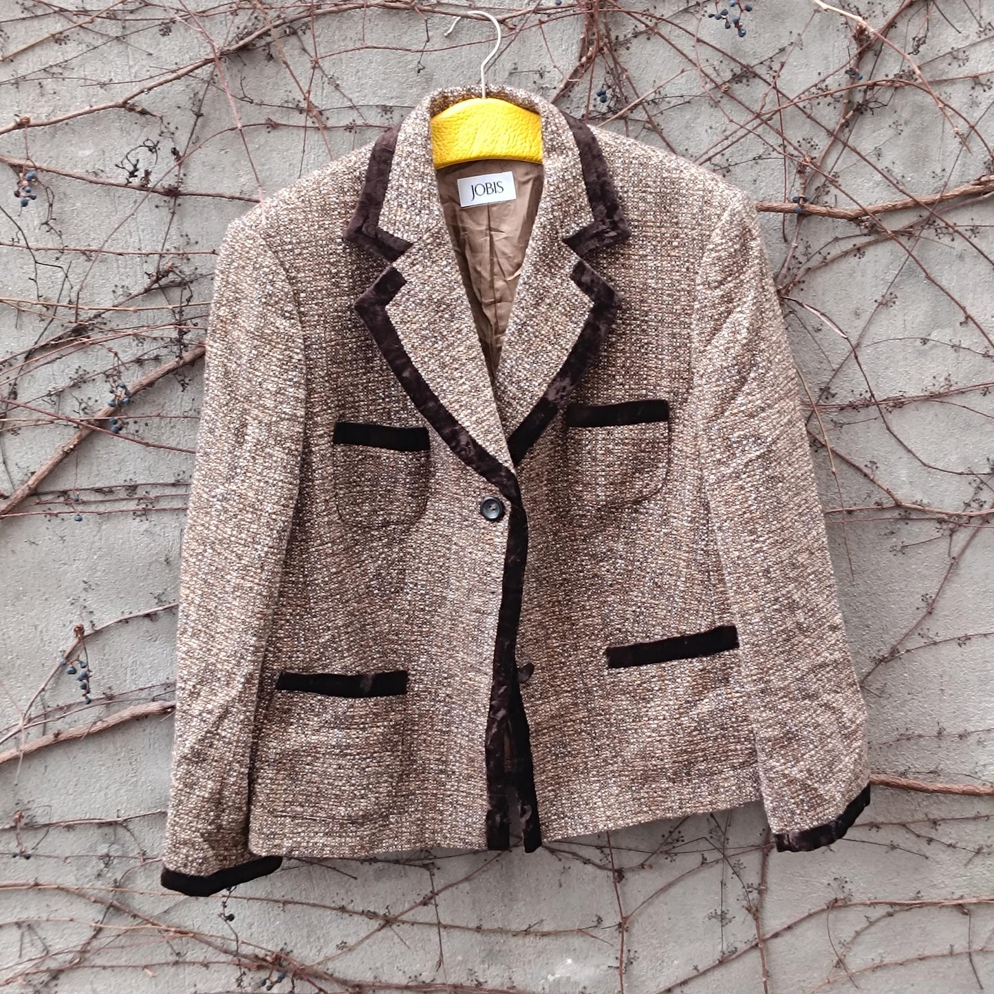 JOBIS Vintage Tweed Blazer| Brown Wool Blend Velvet Trim Jacket| Dark Academia Sz 12