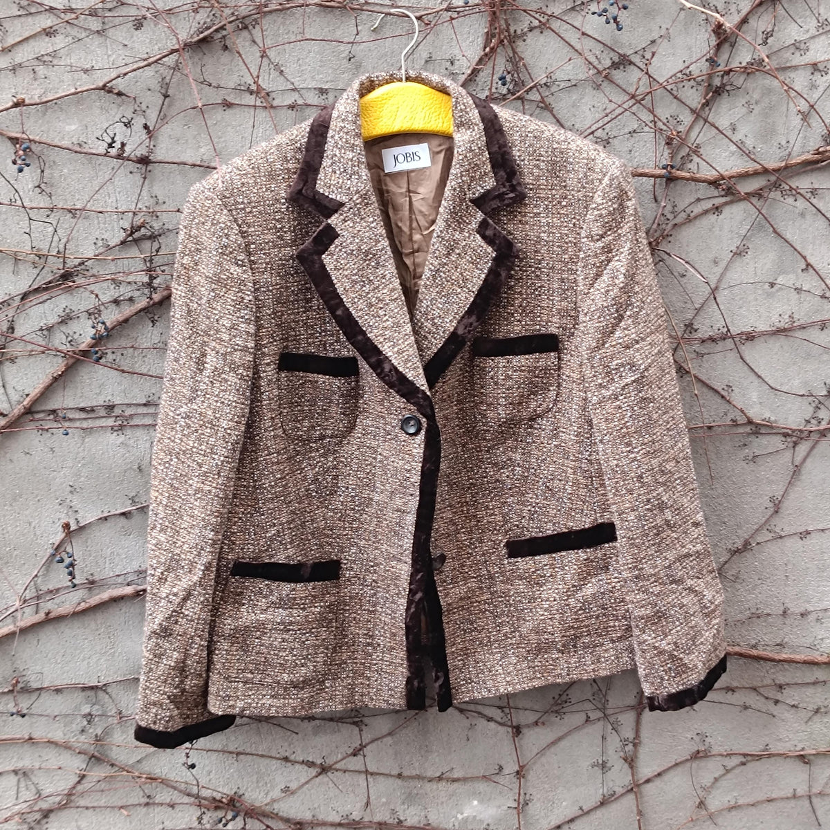 JOBIS Vintage Tweed Blazer| Brown Wool Blend Velvet Trim Jacket| Dark Academia Sz 12