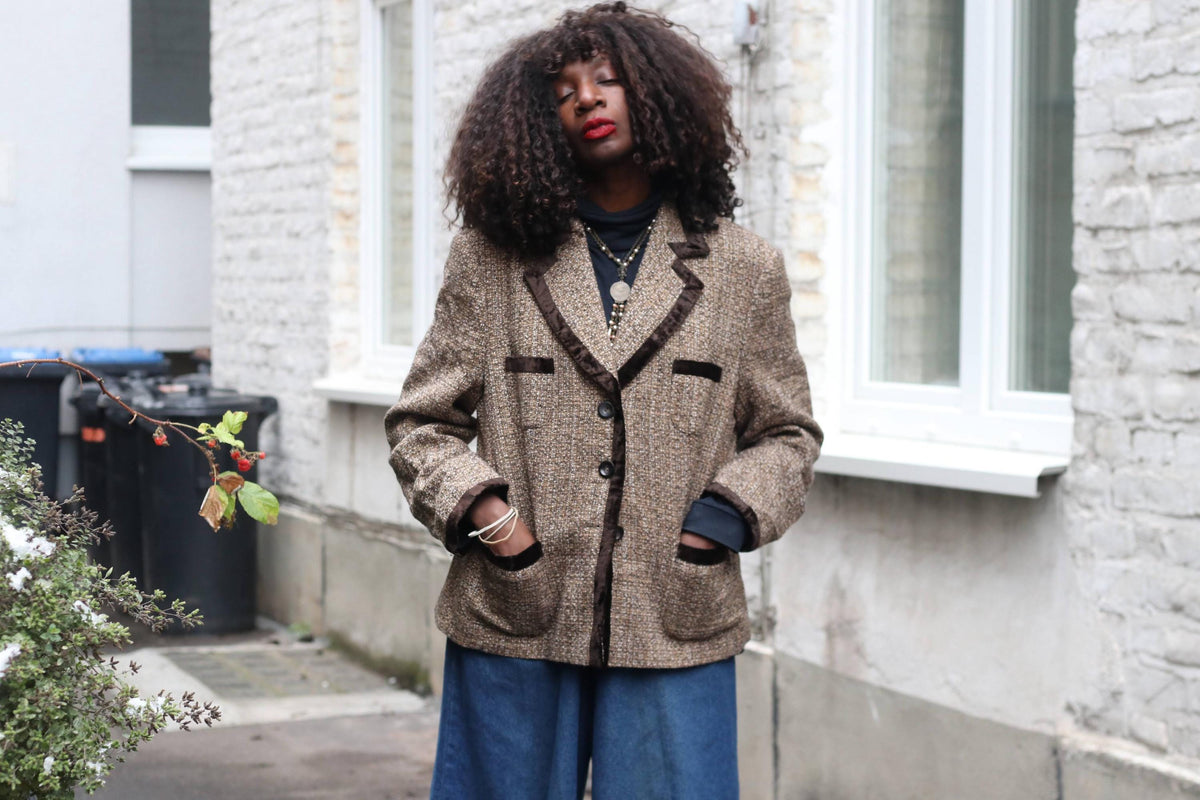 JOBIS Vintage Tweed Blazer| Brown Wool Blend Velvet Trim Jacket| Dark Academia Sz 12