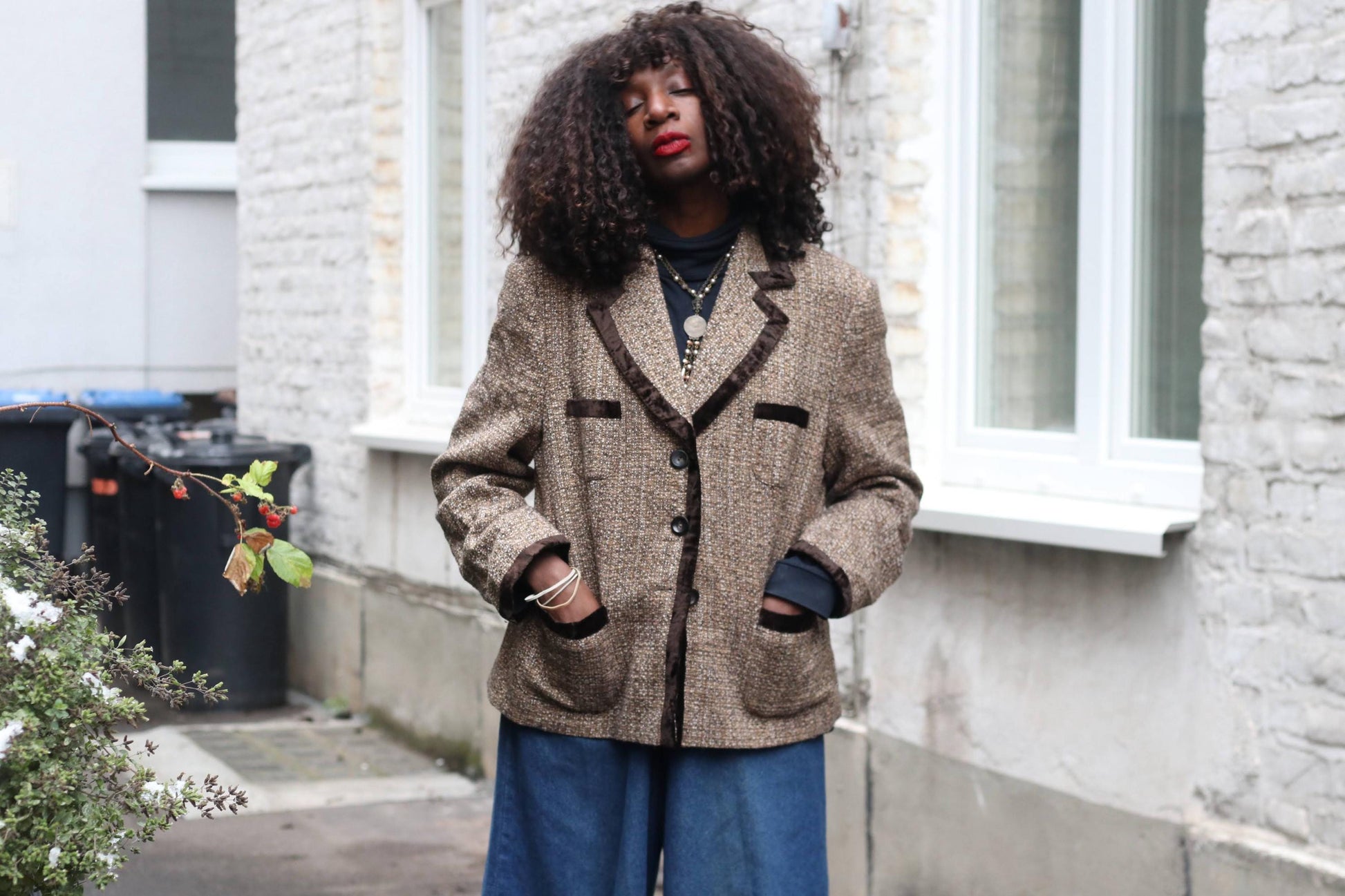 JOBIS Vintage Tweed Blazer| Brown Wool Blend Velvet Trim Jacket| Dark Academia Sz 12