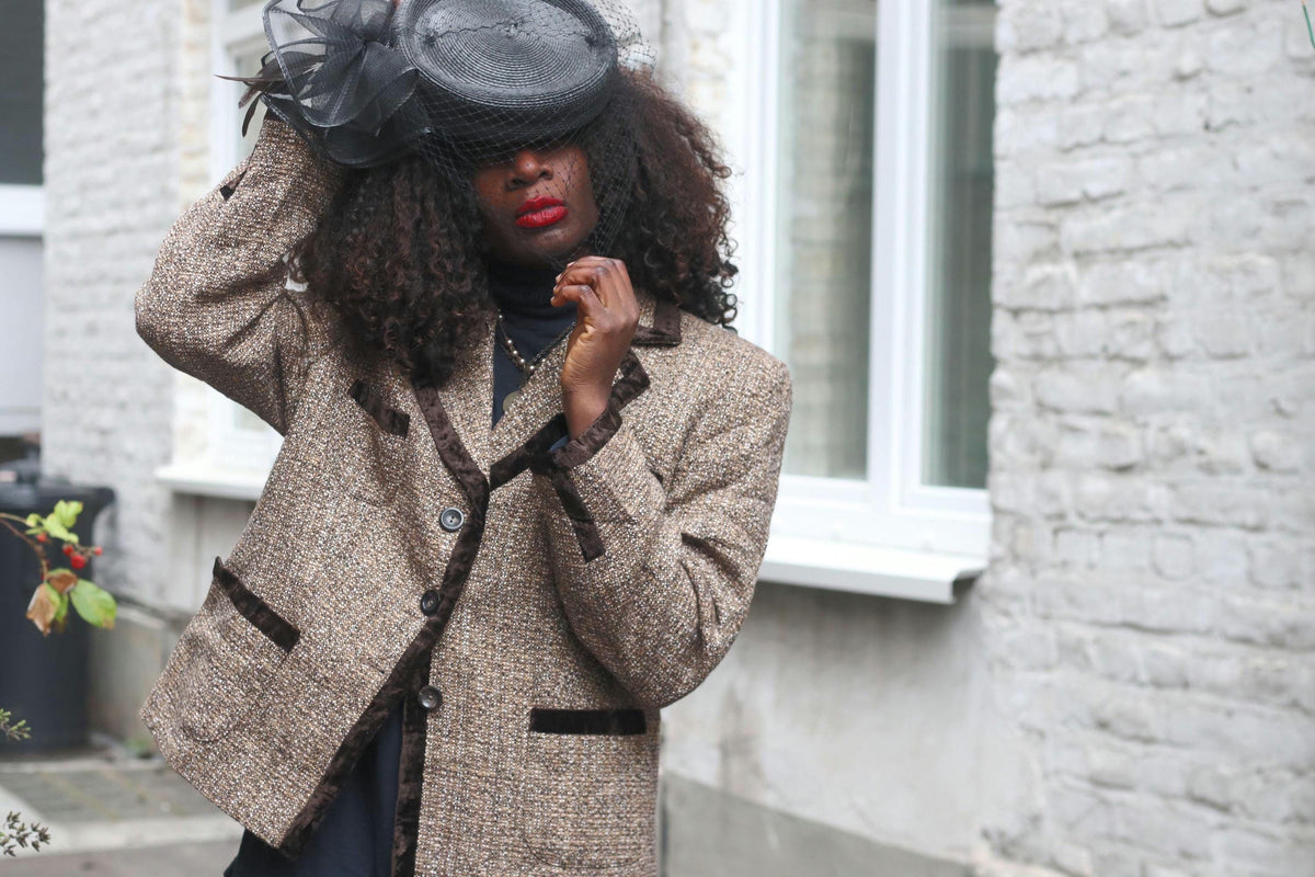 JOBIS Vintage Tweed Blazer| Brown Wool Blend Velvet Trim Jacket| Dark Academia Sz 12