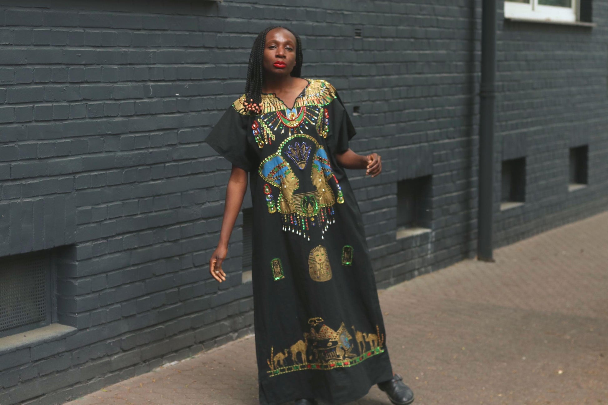 Vintage Egyptian Kaftan Dress Black Gold Beaded Maxi Caftan Embroidered 70s Boho