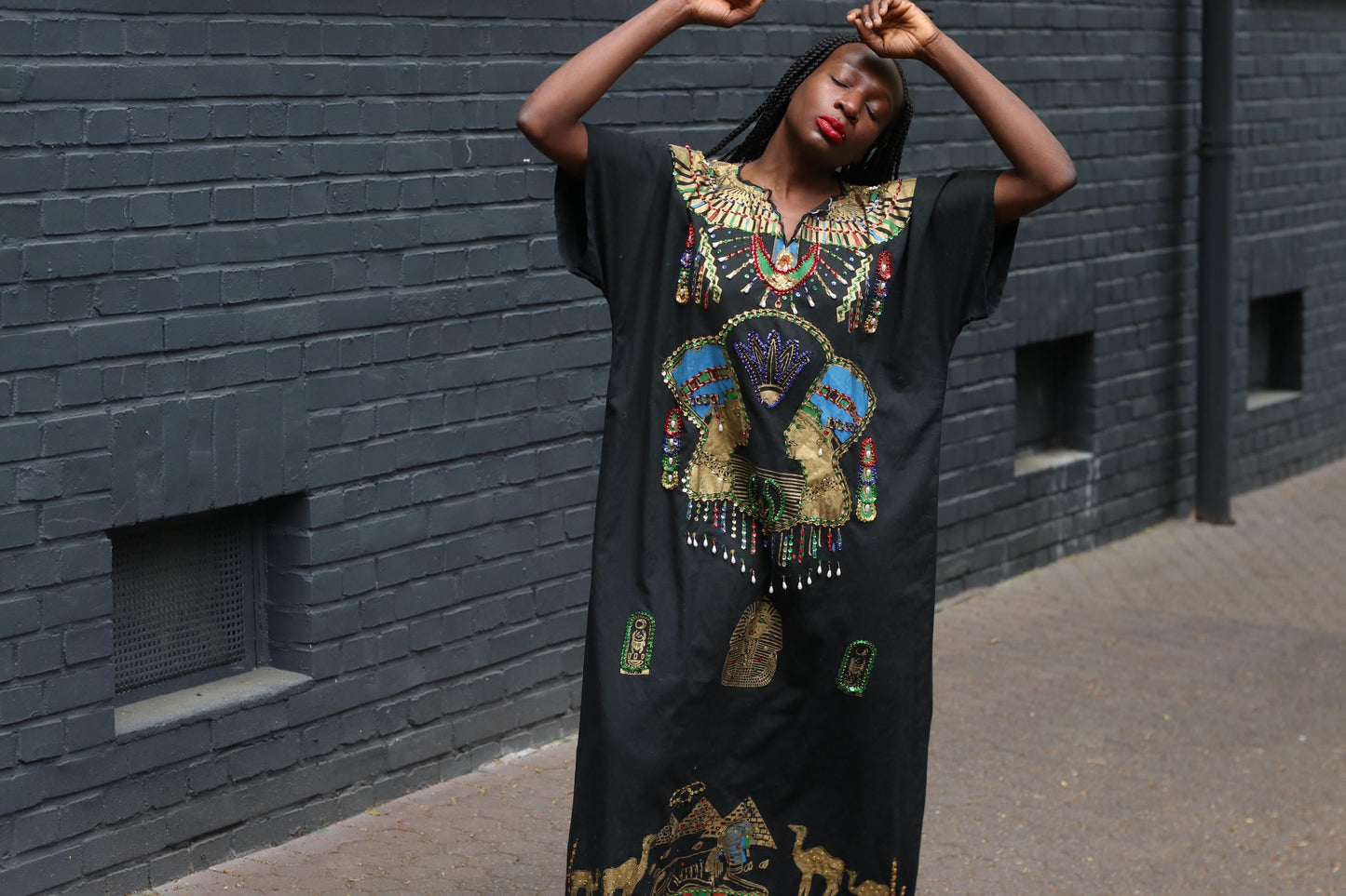 Vintage Egyptian Kaftan Dress Black Gold Beaded Maxi Caftan Embroidered 70s Boho