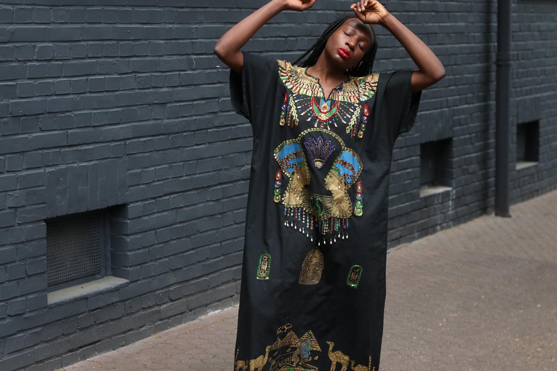 Vintage Egyptian Kaftan Dress Black Gold Beaded Maxi Caftan Embroidered 70s Boho