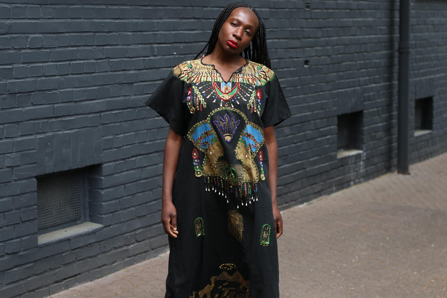 Vintage Egyptian Kaftan Dress Black Gold Beaded Maxi Caftan Embroidered 70s Boho