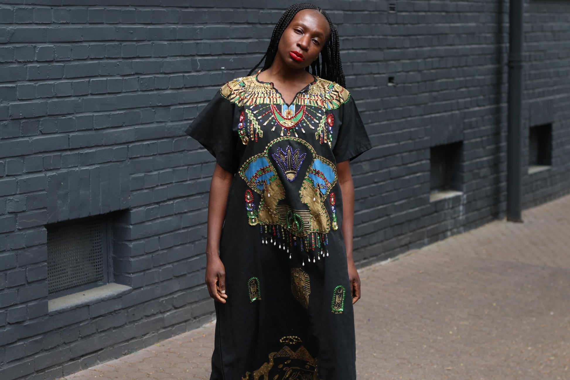 Vintage Egyptian Kaftan Dress Black Gold Beaded Maxi Caftan Embroidered 70s Boho