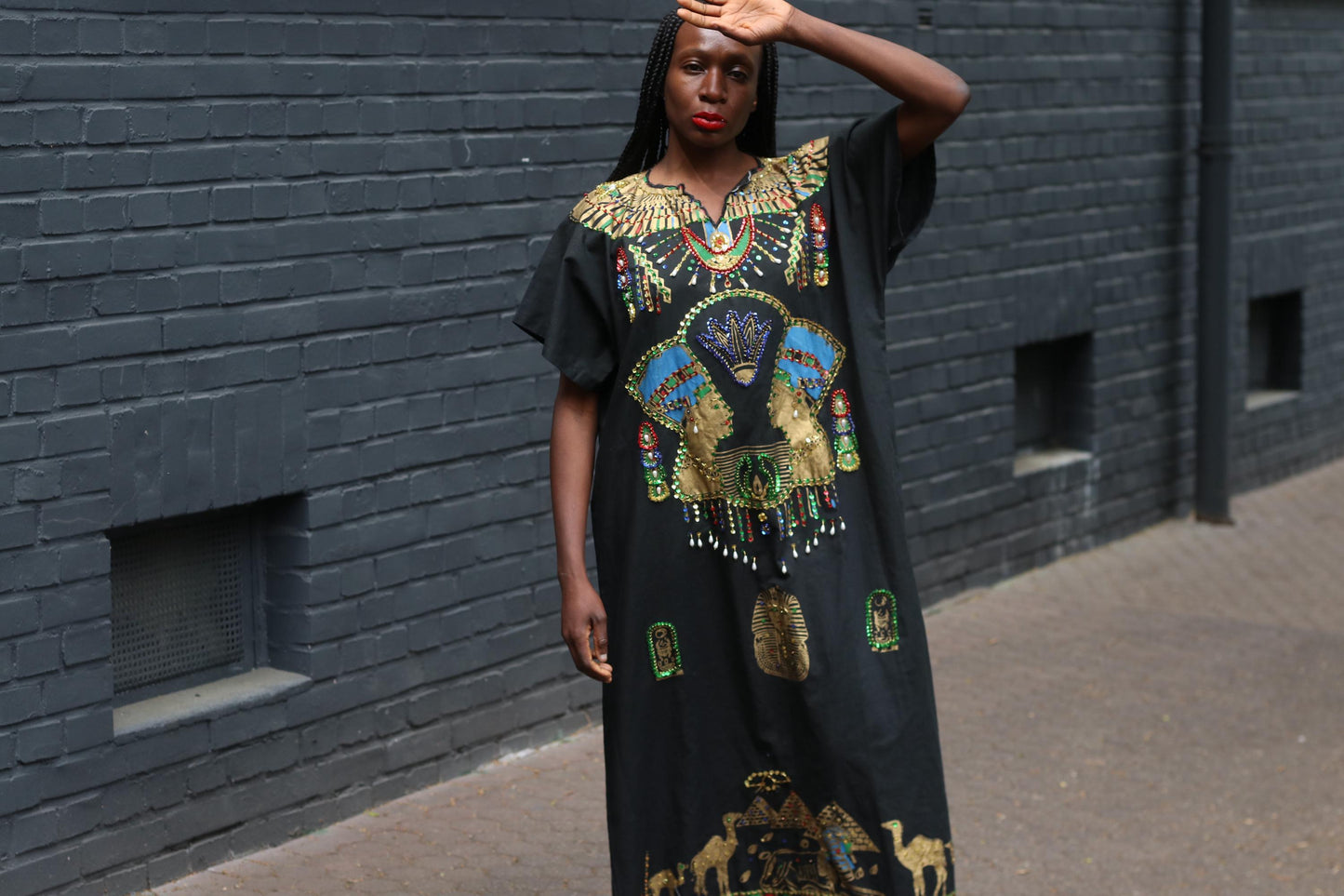 Vintage Egyptian Kaftan Dress Black Gold Beaded Maxi Caftan Embroidered 70s Boho